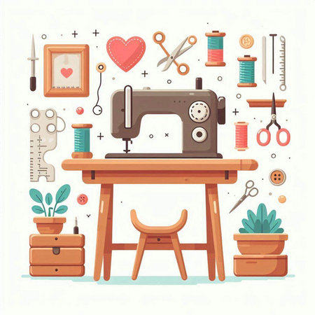 Sewing workshop. Sewing machine, tools and accessories. Vector illustration.のイラスト素材