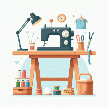 Sewing workshop. Sewing machine, tools and accessories. Vector illustrationのイラスト素材