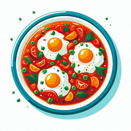 Bowl of tomato soup with fried eggs and parsley. Vector illustration.のイラスト素材