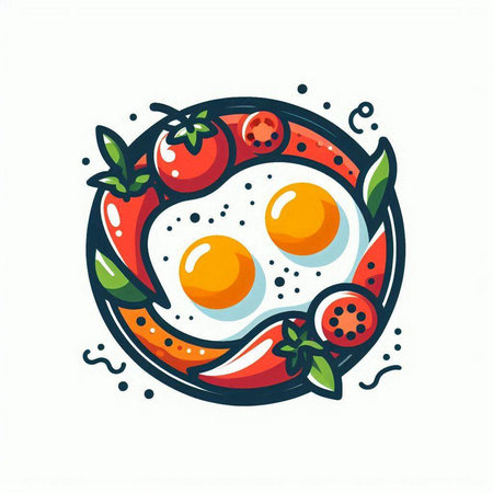 Fried eggs with tomato and pepper on a plate. Vector illustration.のイラスト素材