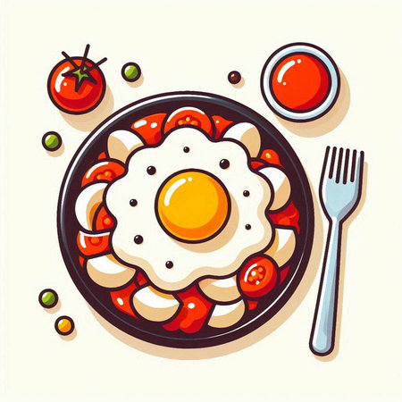 Fried egg on a plate with tomatoes and sauce. Vector illustration.のイラスト素材