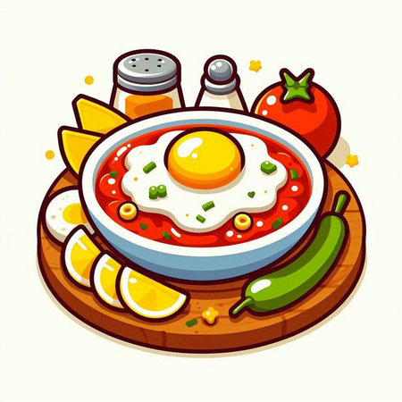 Tomato soup with egg on a wooden plate. Vector illustration.のイラスト素材