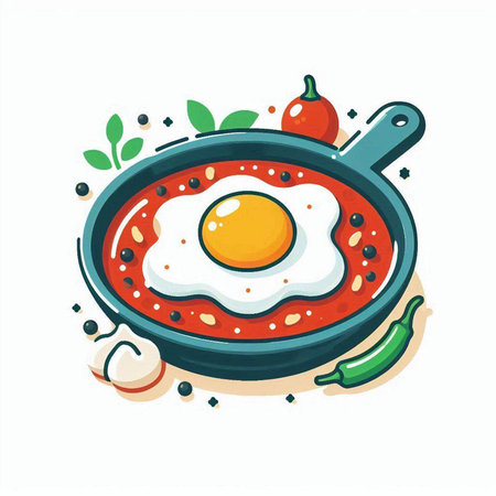 Fried egg in a frying pan with vegetables and spices. Vector illustration.のイラスト素材