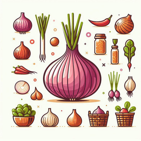 Garlic, onion, garlic, pepper, paprika, onion, garlic, parsley, pepper, pepper, onion, spices, vector illustrationのイラスト素材