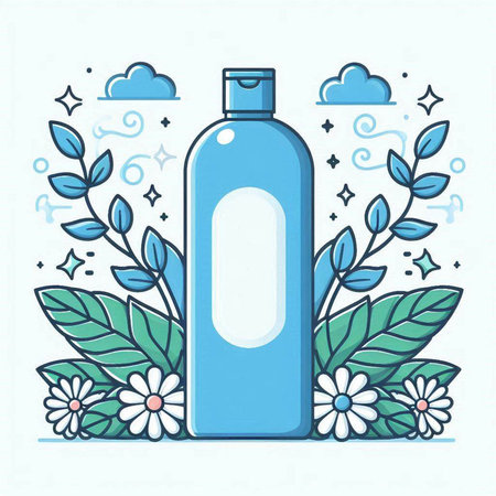 Cosmetic bottles with flowers and leaves. Vector illustration in flat linear style.のイラスト素材