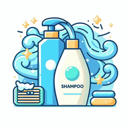 Vector illustration of shower gel, shampoo, soap, shampoo, towel.のイラスト素材