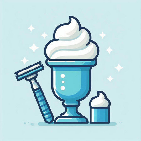 Vector illustration of ice cream and razor in cartoon style on blue background.のイラスト素材