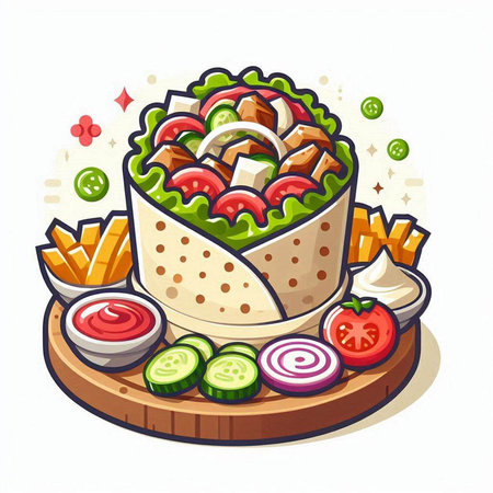 Vector illustration of a mexican burrito with vegetables and sauce.のイラスト素材