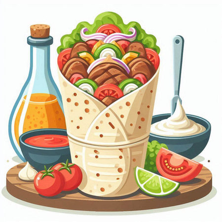 Tortilla wrap with meat, vegetables and sauce. Vector illustrationのイラスト素材