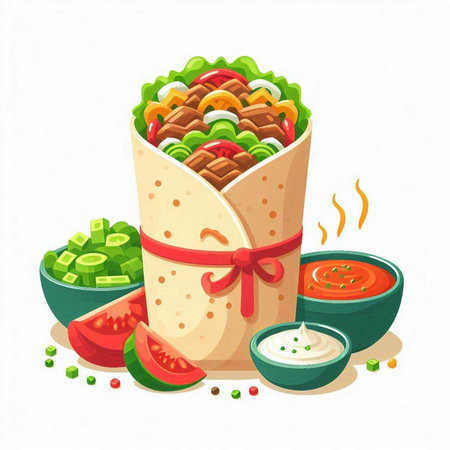 Vector illustration of tortilla wrap with meat, vegetables and sauce.のイラスト素材