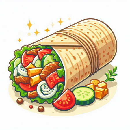 Illustration of a tortilla wrap with meat and vegetables on a white backgroundのイラスト素材