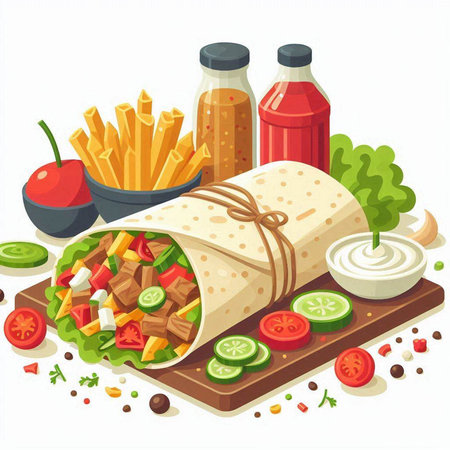 Tortilla wraps with beef, tomato, cucumber, onion, lettuce, ketchupnnaise and french fries. Vector illustration.のイラスト素材