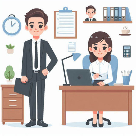 Businessman and businesswoman in office. Vector illustration in cartoon style.のイラスト素材