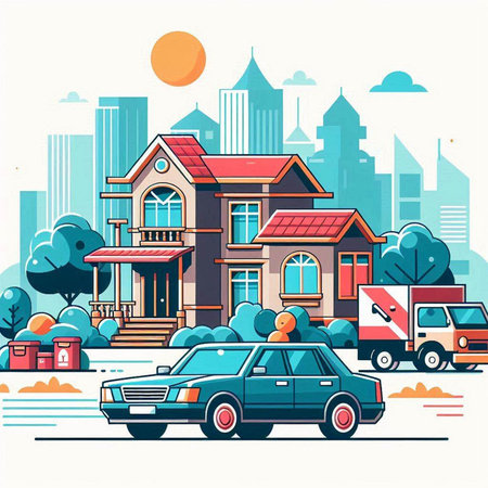 City street with cars and houses. Vector illustration in flat style.のイラスト素材
