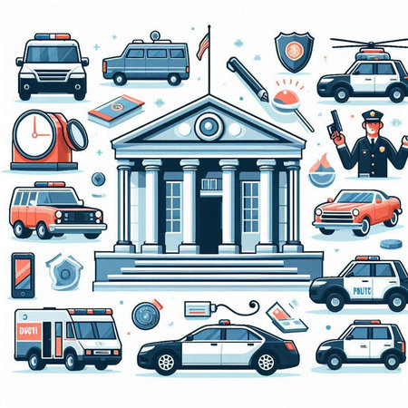 Police icons set with police car, police car, ambulance, police car, police car, police house, police car, police car, police car, police badge, police car, police car. Vector illustrationのイラスト素材