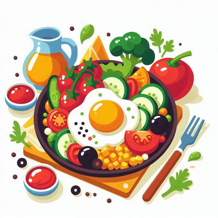 Fried egg with vegetables in a frying pan. Vector illustration.のイラスト素材
