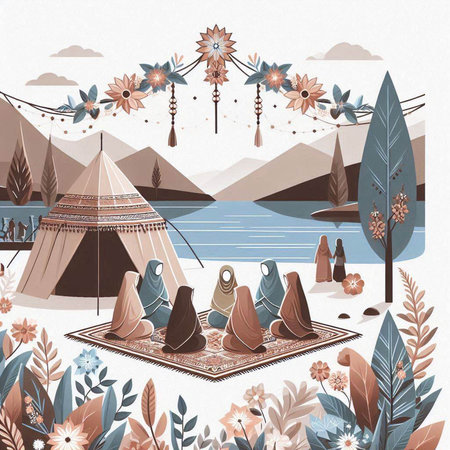 Beautiful vector illustration of native american indian tent on the lakeのイラスト素材
