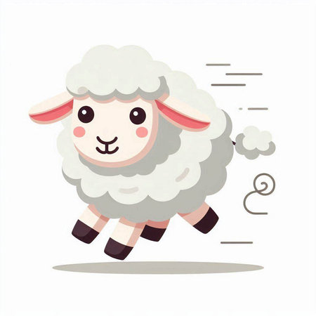Vector illustration of cute cartoon sheep jumping. Isolated on white background.のイラスト素材