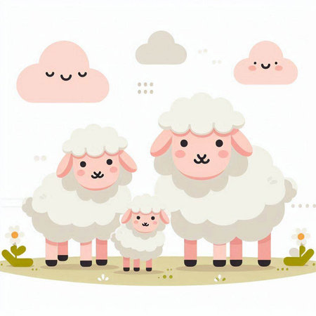 Sheep family in the field. Cute cartoon vector illustration.のイラスト素材