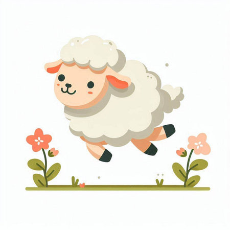 Sheep jumping on the grass with flowers. Cute cartoon vector illustrationのイラスト素材