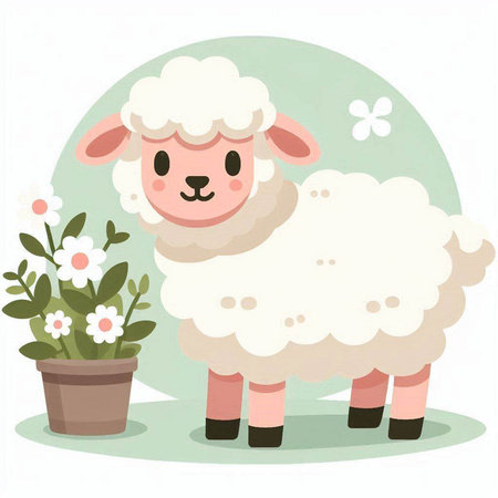 Sheep vector illustration. Cute cartoon sheep character with flowers.のイラスト素材