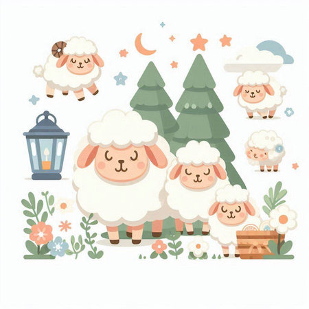 Sheep and lambs in the flowerpot. Cute cartoon vector illustration.のイラスト素材