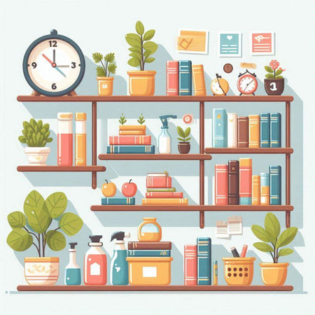 Bookshelf with books and home plants. Vector illustration in flat styleのイラスト素材