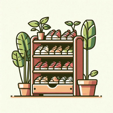 Shelves with different shoes. Vector illustration in flat style.のイラスト素材