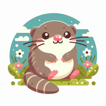 Cute otter sitting on the grass in the garden. Vector illustration.のイラスト素材