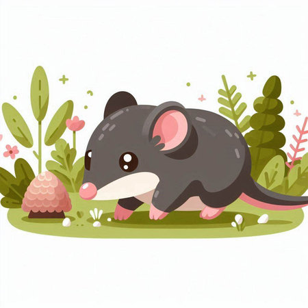 Illustration of a cute little rat in the garden. Vector illustrationのイラスト素材