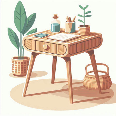 Wooden shelf with books, coffee cup and cacti. Vector illustration.のイラスト素材