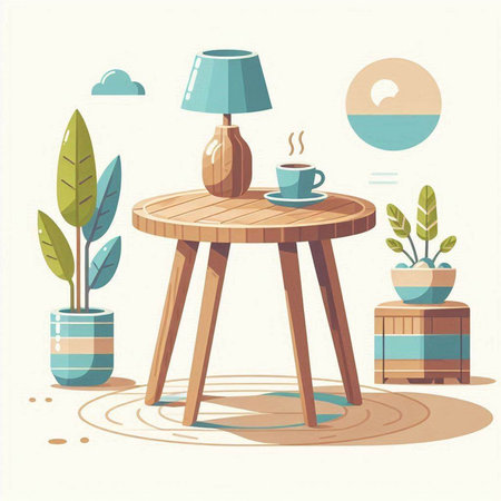 Coffee table with lamp and plants. Vector illustration in flat styleのイラスト素材