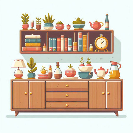 Bookshelf with books, cups and vases. Vector illustration.のイラスト素材