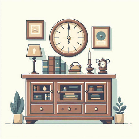 Vector illustration of a living room interior with furniture, bookshelf, clock, lamp and plants.のイラスト素材
