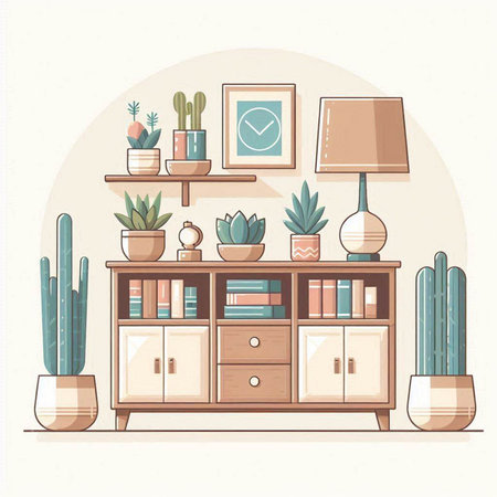 Vector illustration of cozy living room interior with bookshelf, bookshelves, cactuses, potted plants and lamps.のイラスト素材