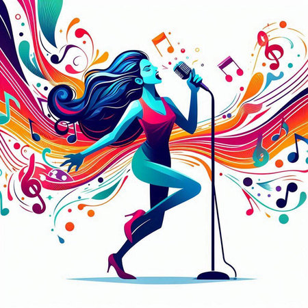 Young woman singing karaoke in front of a mirror vector illustrationのイラスト素材