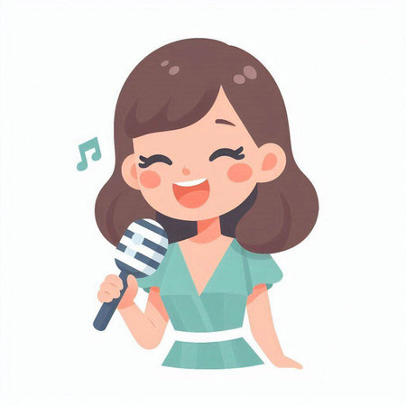 Illustration of a cute girl singing karaoke with microphone.のイラスト素材