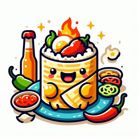 Cute kawaii shawarma on fire. Vector illustrationのイラスト素材