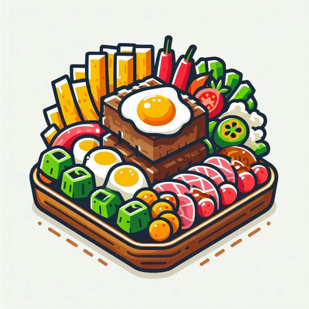 Japanese food vector illustration, sushi and rolls with fried egg on plateのイラスト素材