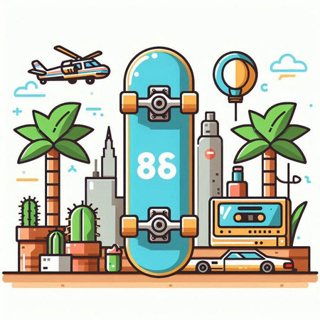 Skateboard, mobile phone, camera, headphones. Vector illustration in thin line styleのイラスト素材