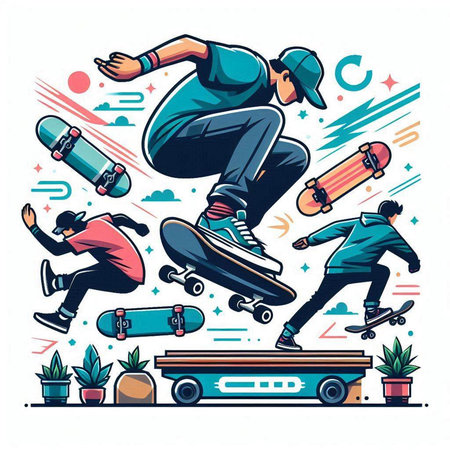 Skateboarder and skateboarder in action. Vector illustrationのイラスト素材