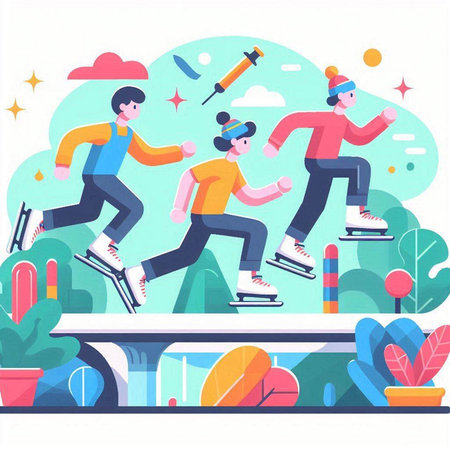 People practicing ice skating in park. Vector illustration in flat style.のイラスト素材