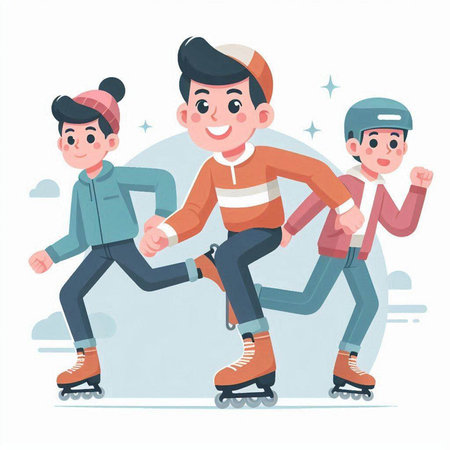 Happy family on roller skates. Father, mother and son. Vector illustration.のイラスト素材