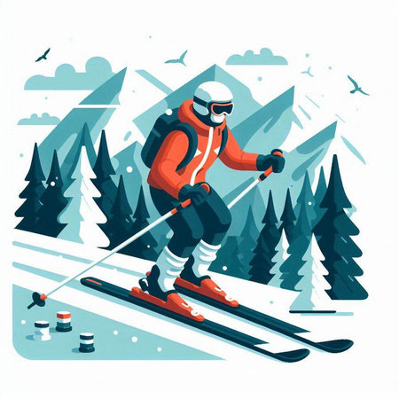 Skier skiing in mountains. Winter sport. Flat vector illustration.のイラスト素材