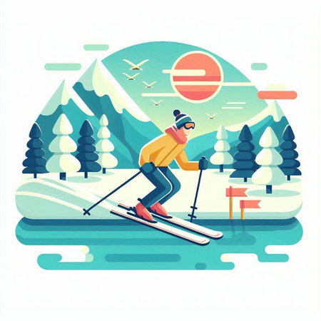Man skiing in mountains flat vector illustration. Cartoon male skier in sportswear on ski slope. Winter vacation concept.のイラスト素材