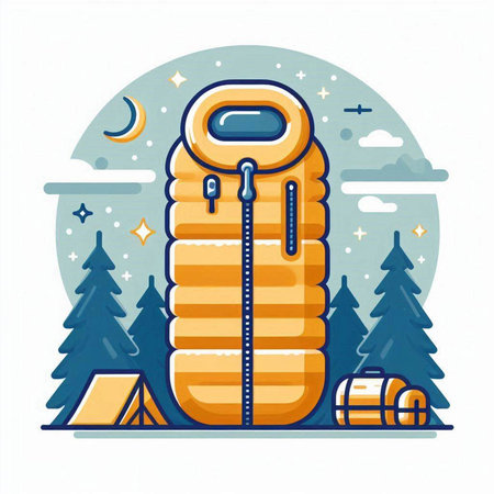 Vector illustration of a sleeping bag on a background of the night forest.のイラスト素材