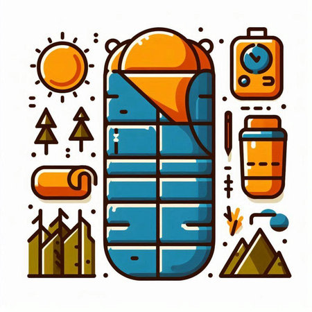 Flat line icons set of camping. Vector illustration in modern linear style.のイラスト素材