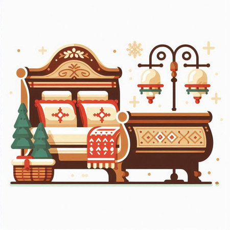 Illustration of a Bedroom Interior with Furniture in Retro Styleのイラスト素材