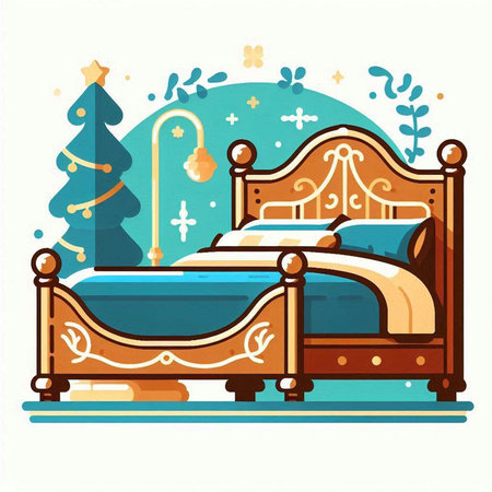 Vector illustration of a wooden double bed with christmas tree in the background.のイラスト素材
