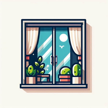 Window with curtains and plants. Vector illustration in flat cartoon style.のイラスト素材